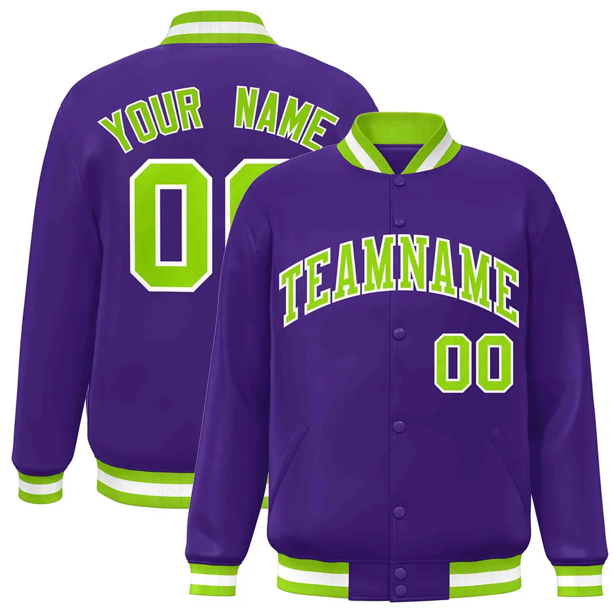 Purple Neon Green-White Varsity Full-Snap Letterman Jacket