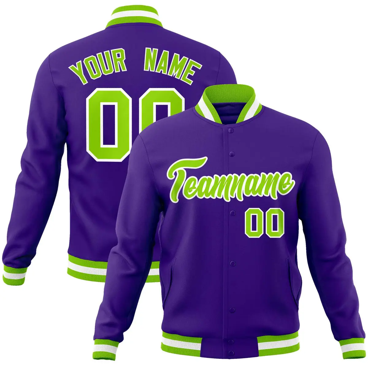 Purple Neon Green-White Varsity Full-Snap Letterman Jacket