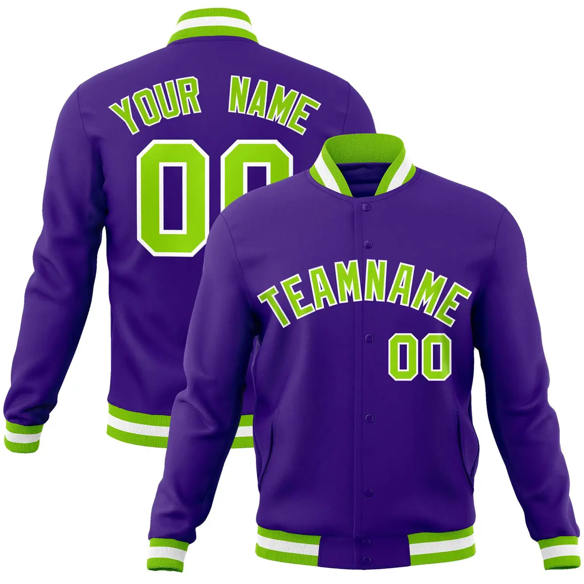 Purple Neon Green-White Varsity Full-Snap Letterman Jacket