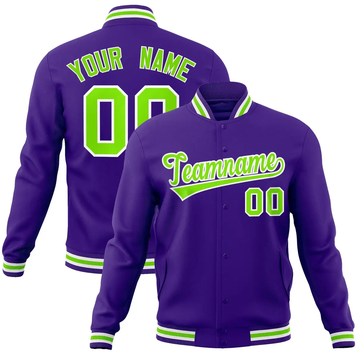Purple Neon Green-White Varsity Full-Snap Letterman Jacket