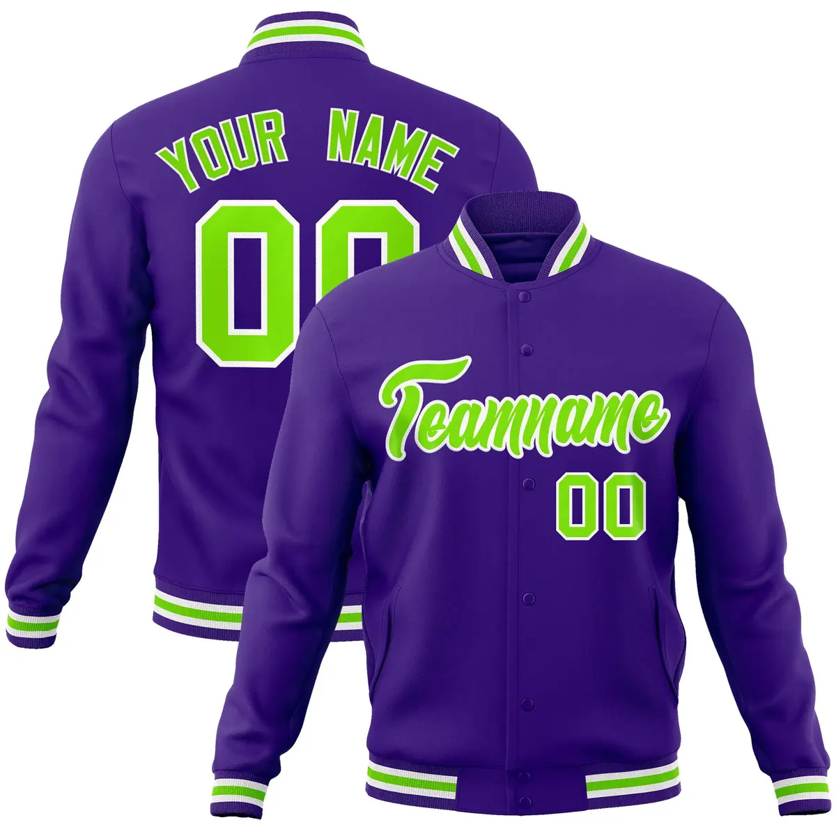 Purple Neon Green-White Varsity Full-Snap Letterman Jacket