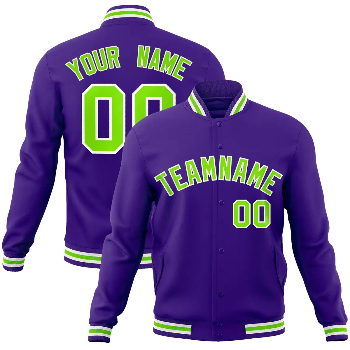 Purple Neon Green-White Varsity Full-Snap Letterman Jacket