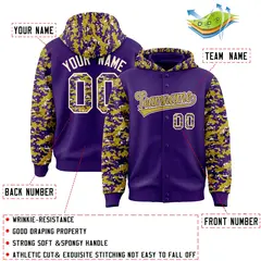Purple Old Gold-Cream Raglan Sleeves Camo Varsity Full-Snap Letterman Jacket 4