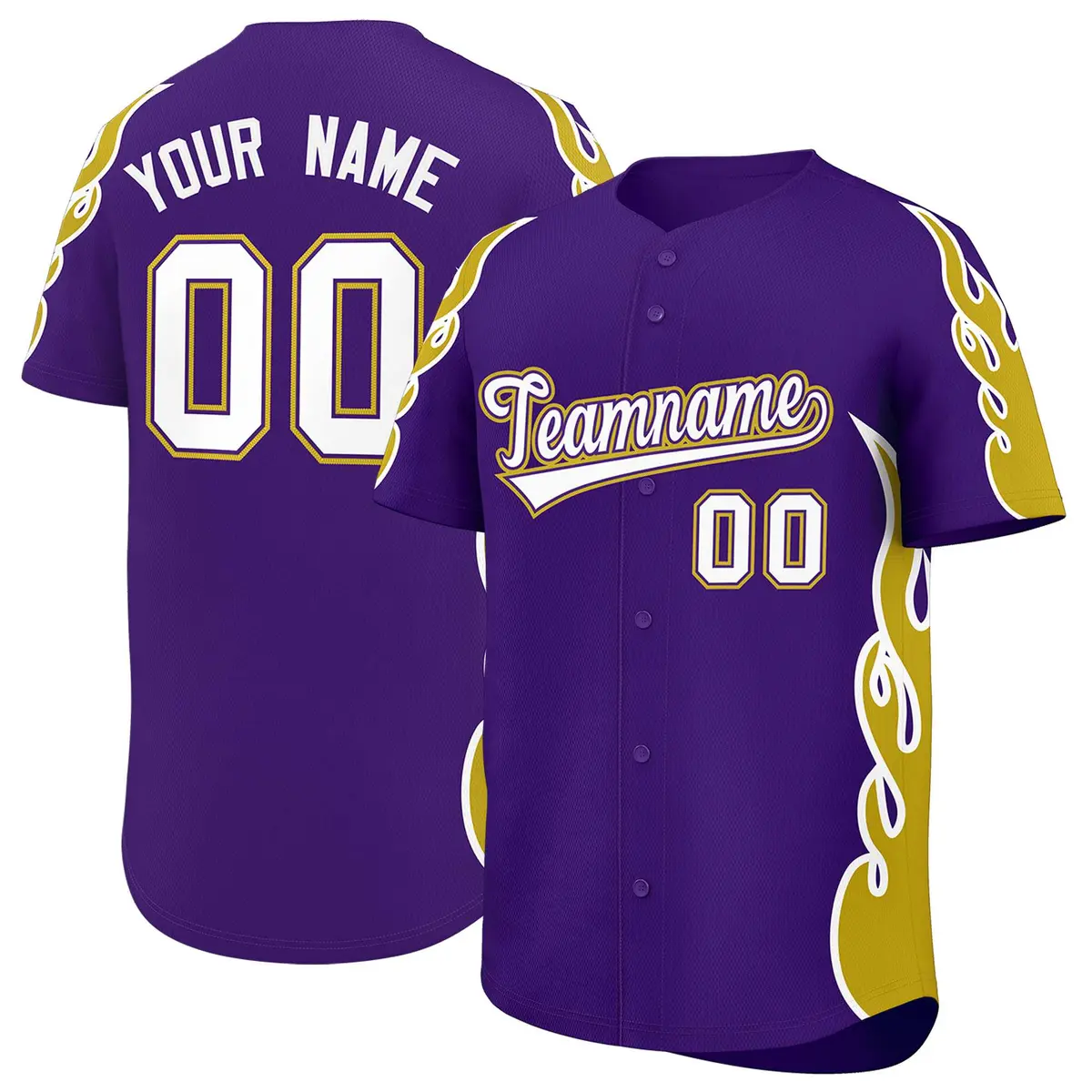 Purple Old Gold Flame Outline Side Pattern Baseball Jersey