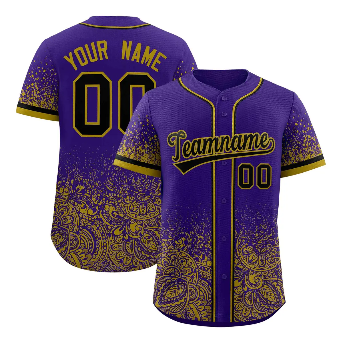 Purple Old Gold Floral Gradient Full Button Baseball Jersey