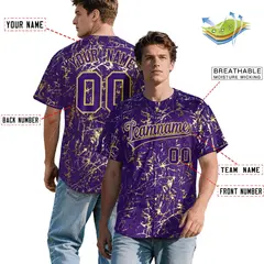 Purple Old Gold Shiny Gold Cracked Texture Baseball Jersey 2