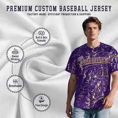 Purple Old Gold Shiny Gold Cracked Texture Baseball Jersey 3