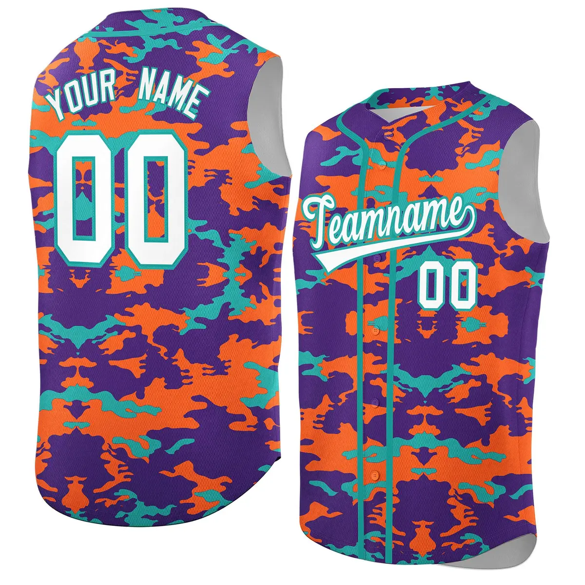 Purple Orange Aqua Camo Sleeveless Baseball Jersey