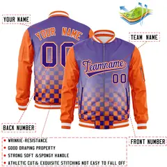 Purple Orange Grid Color Block Full-Zip Letterman Raglan Jacket 2