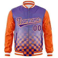 Purple Orange Grid Color Block Full-Zip Letterman Raglan Jacket 3