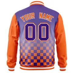 Purple Orange Grid Color Block Full-Zip Letterman Raglan Jacket 4