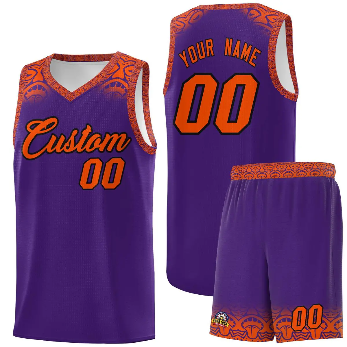 Purple Orange Indians Print Basketball Uniform Jersey