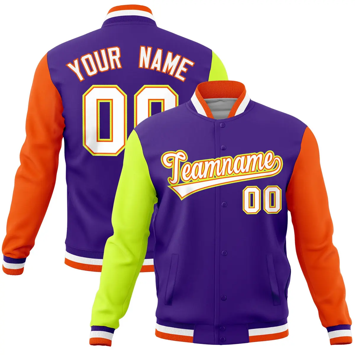 Purple Orange-Neon Green Full-Snap Raglan Letterman Jacket