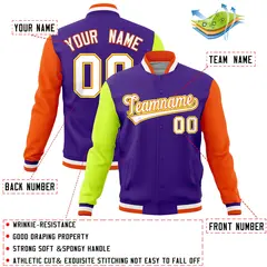 Purple Orange-Neon Green Full-Snap Raglan Letterman Jacket 4