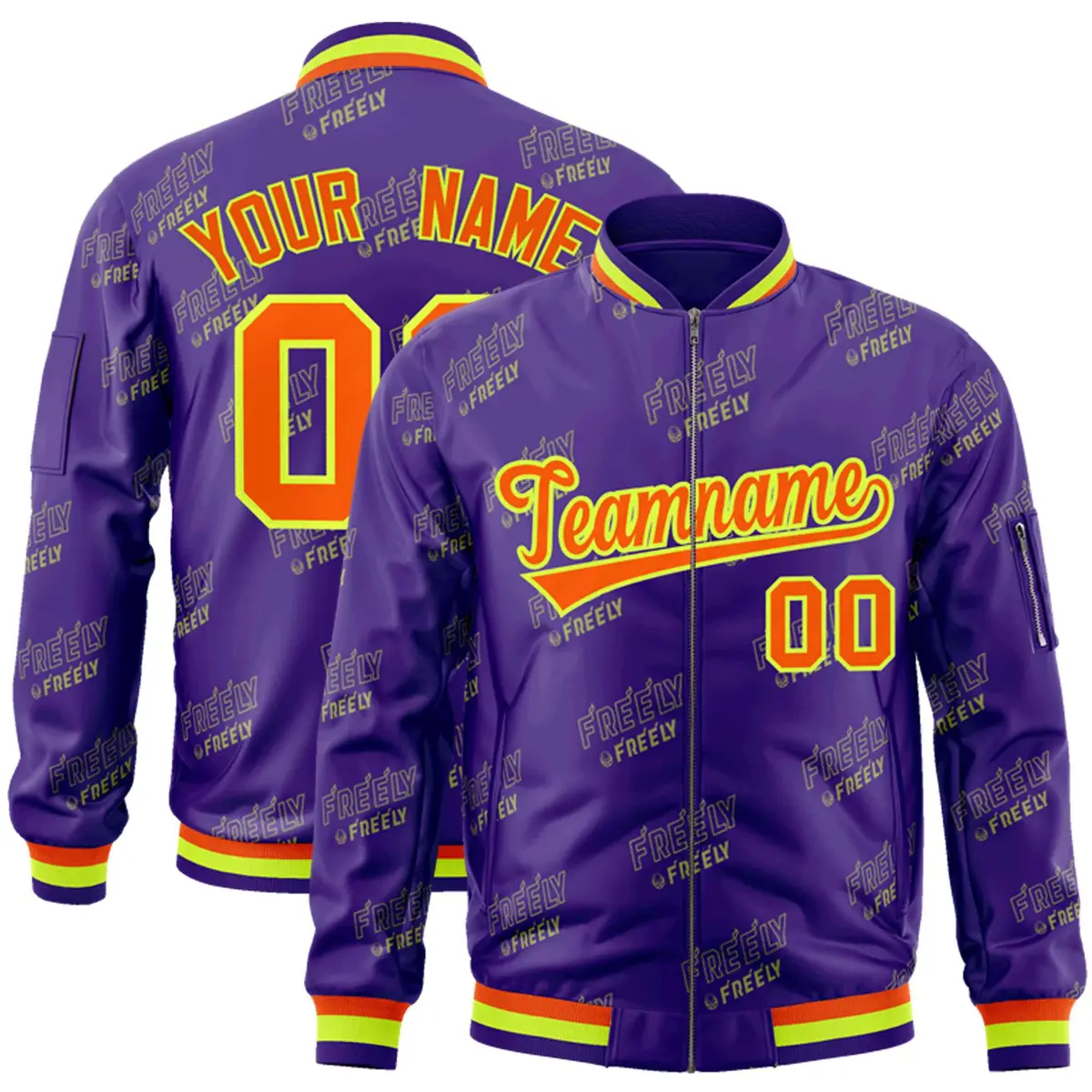 Purple Orange-Neon Green Full-Zip Varsity Letter Bomber Jacket