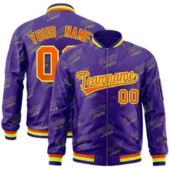 Purple Orange-Neon Green Full-Zip Varsity Letter Bomber Jacket