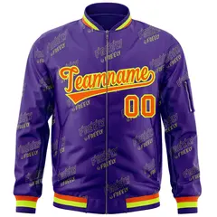 Purple Orange-Neon Green Full-Zip Varsity Letter Bomber Jacket 3
