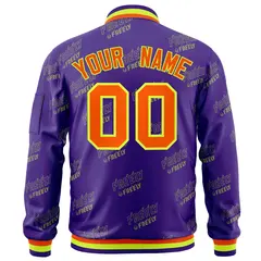 Purple Orange-Neon Green Full-Zip Varsity Letter Bomber Jacket 4