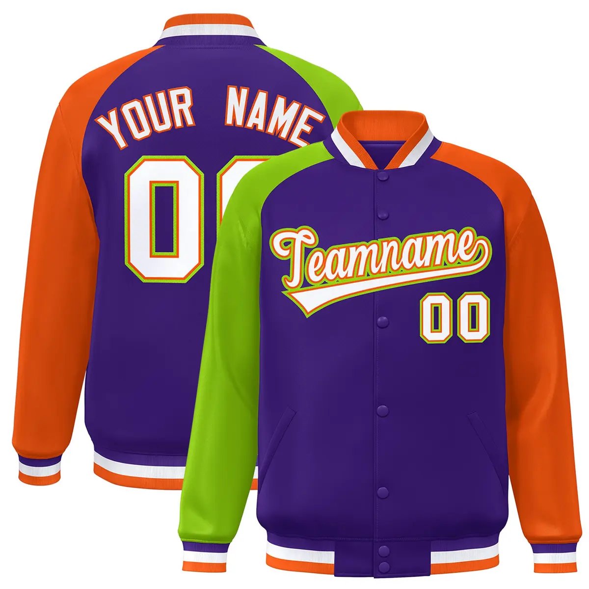 Purple Orange-Neon Green Varsity Raglan Letterman Bomber Jacket