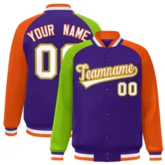 Purple Orange-Neon Green Varsity Raglan Letterman Bomber Jacket