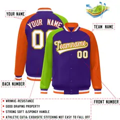 Purple Orange-Neon Green Varsity Raglan Letterman Bomber Jacket 2