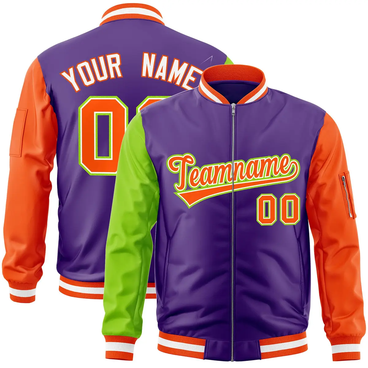 Purple Orange-Neon Green Varsity Raglan Letterman Bomber Jacket