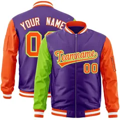 Purple Orange-Neon Green Varsity Raglan Letterman Bomber Jacket