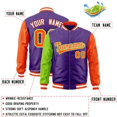 Purple Orange-Neon Green Varsity Raglan Letterman Bomber Jacket 2