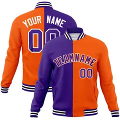 Purple Orange-Purple Two Tone Split Varsity Full-Snap Letterman Jacket 1