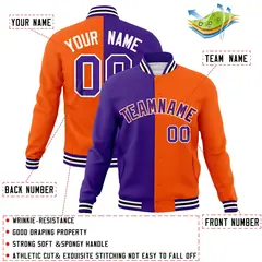 Purple Orange-Purple Two Tone Split Varsity Full-Snap Letterman Jacket 4