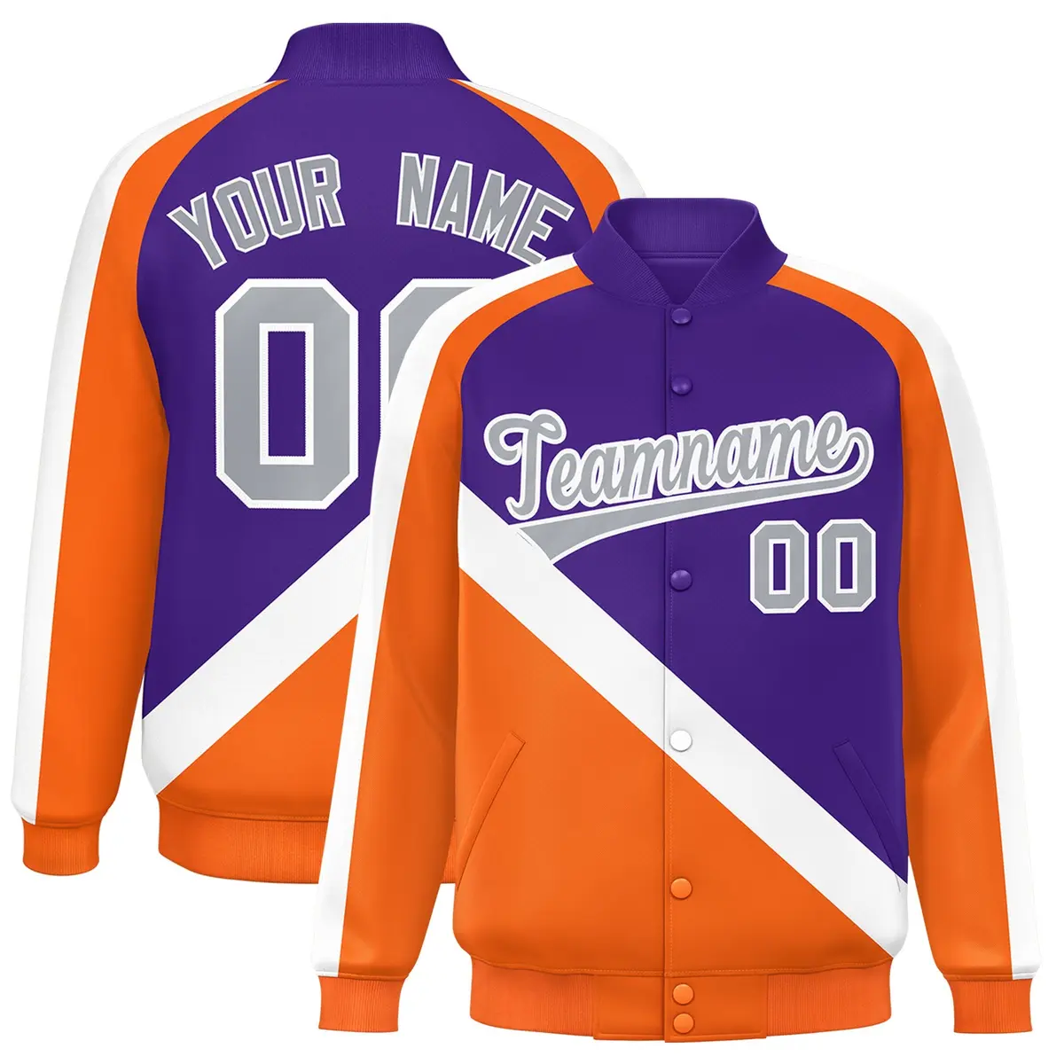 Purple Orange Raglan Sleeves Full-Snap Letterman Baseball Jacket