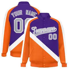 Purple Orange Raglan Sleeves Full-Snap Letterman Baseball Jacket