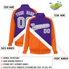 Purple Orange Raglan Sleeves Full-Snap Letterman Baseball Jacket 2