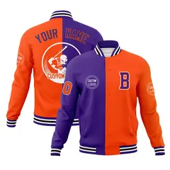 Purple Orange Split Letterman Full-Snap Varsity Baseball Jacket