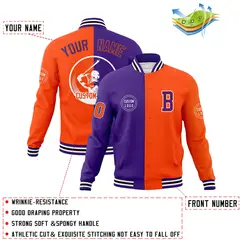 Purple Orange Split Letterman Full-Snap Varsity Baseball Jacket 4