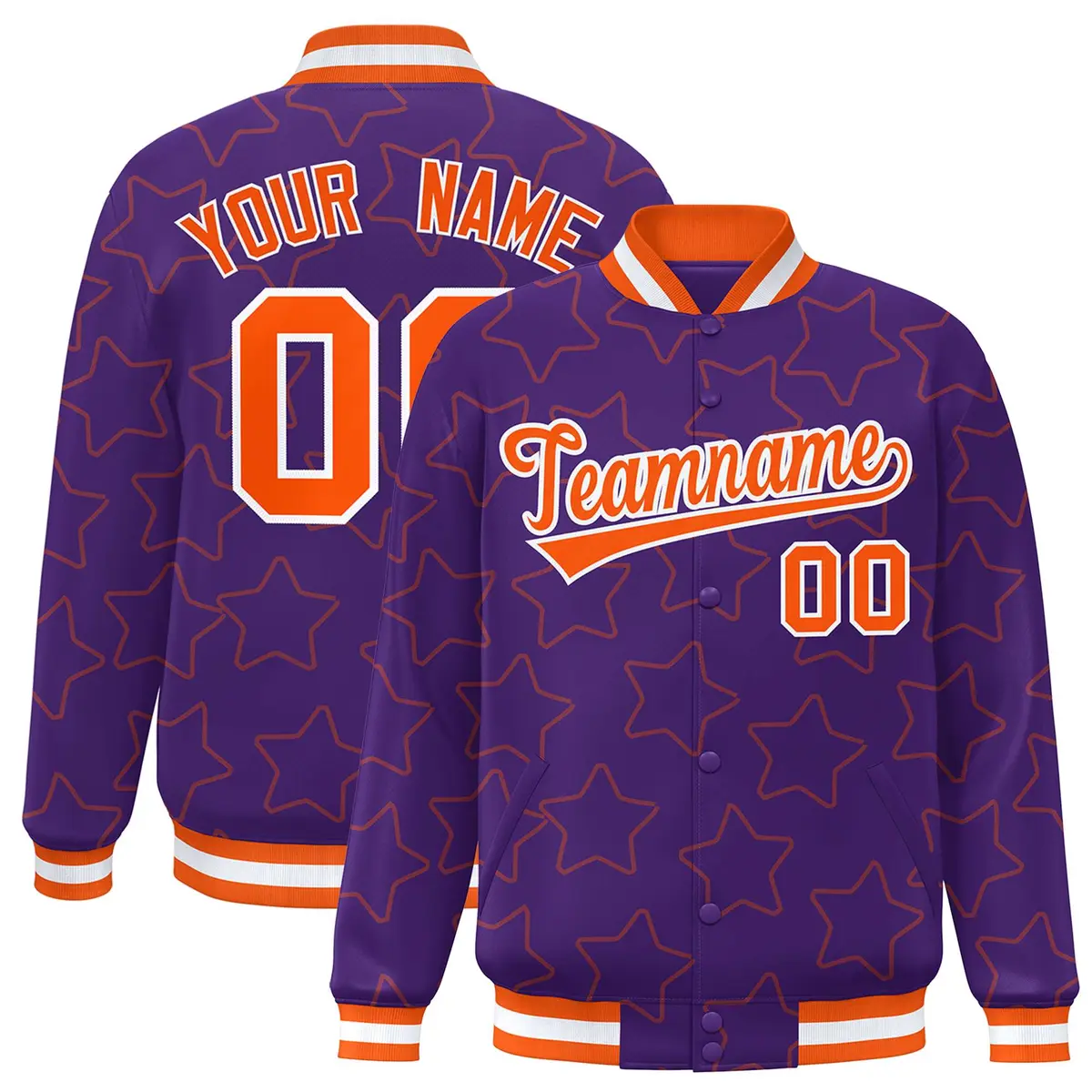 Purple Orange Star Pattern Varsity Full-Snap Letterman Baseball Jacket