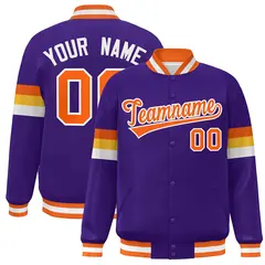 Purple Orange-White Color Block Varsity Full-Snap Baseball Jacket 1