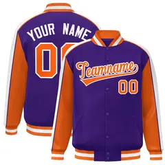 Purple Orange-White Color Block Varsity Full-Snap Baseball Jacket