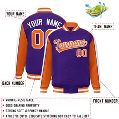 Purple Orange-White Color Block Varsity Full-Snap Baseball Jacket 2
