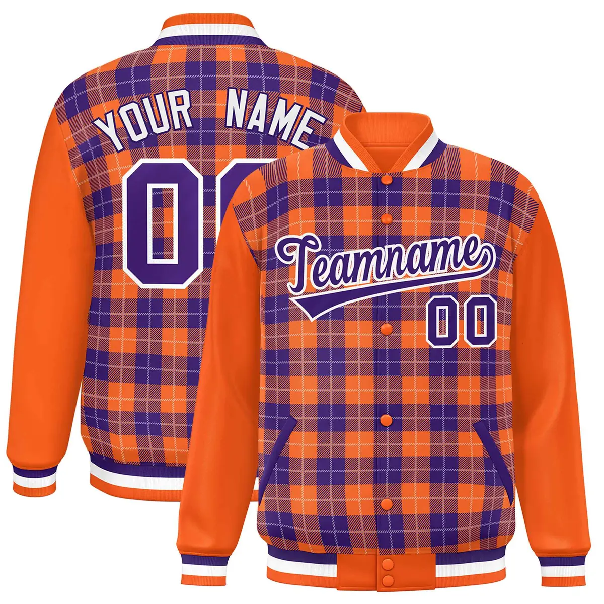Purple Orange-White Plaid Varsity Full-Snap Letterman Baseball Jacket