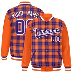 Purple Orange-White Plaid Varsity Full-Snap Letterman Baseball Jacket
