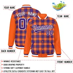 Purple Orange-White Plaid Varsity Full-Snap Letterman Baseball Jacket 2