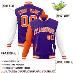 Purple Orange-White Raglan Sleeves Varsity Full-Snap Letterman Jacket 4