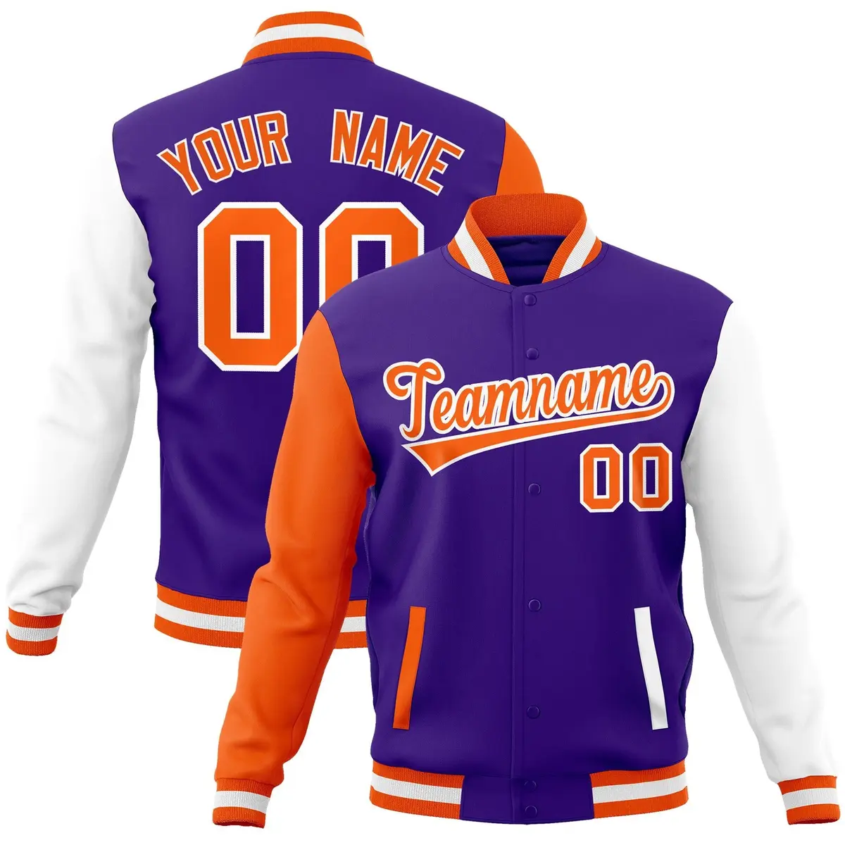 Purple Orange-White Raglan Sleeves Varsity Full-Snap Letterman Jacket