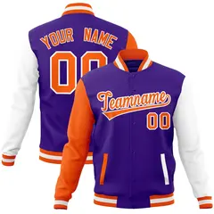 Purple Orange-White Raglan Sleeves Varsity Full-Snap Letterman Jacket 1
