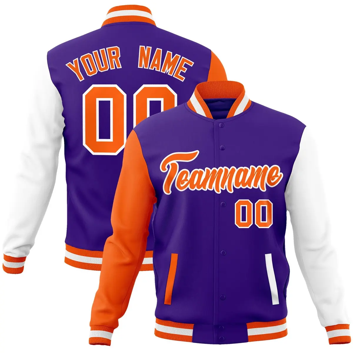 Purple Orange-White Raglan Sleeves Varsity Full-Snap Letterman Jacket