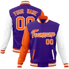 Purple Orange-White Raglan Sleeves Varsity Full-Snap Letterman Jacket 1