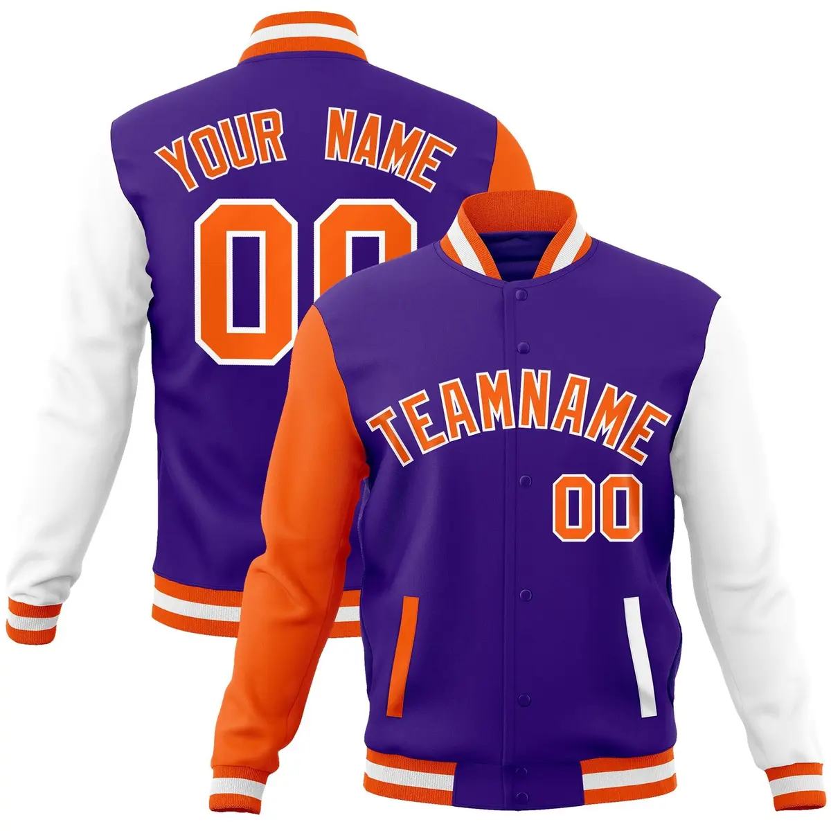 Purple Orange-White Raglan Sleeves Varsity Full-Snap Letterman Jacket