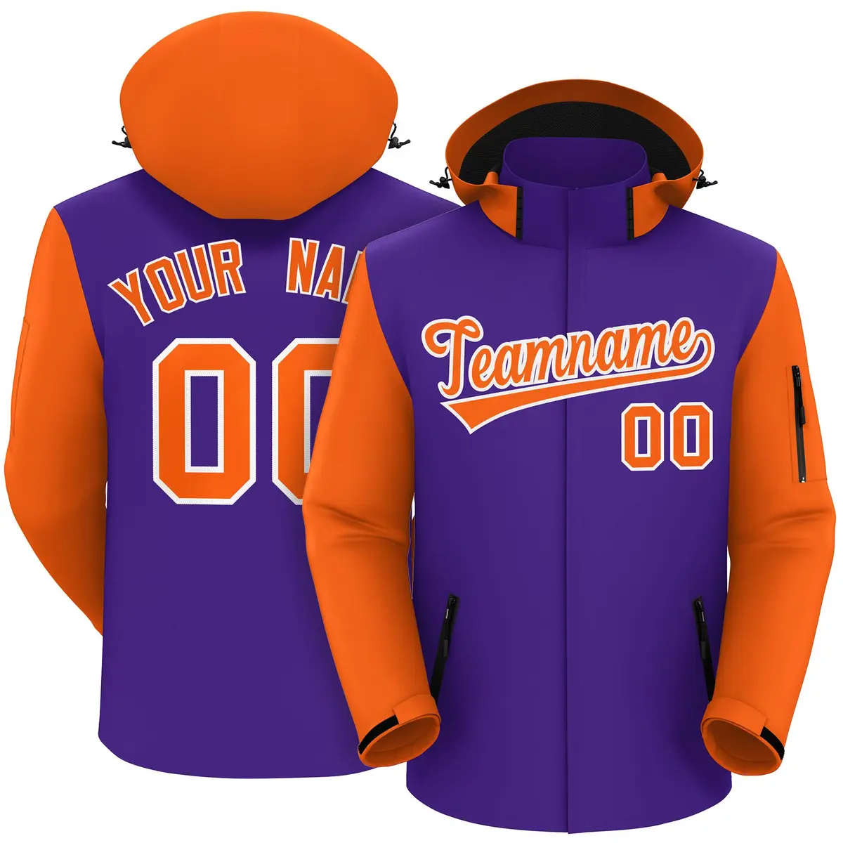 Purple Orange-White Raglan Sleeves Waterproof Jacket