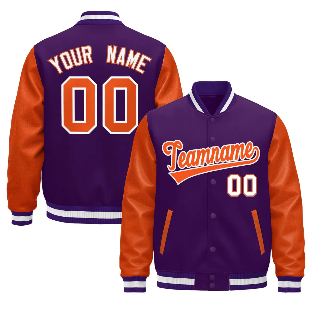 Purple Orange White Varsity Full-Snap Letterman Jacket Raglan Leather Sleeves